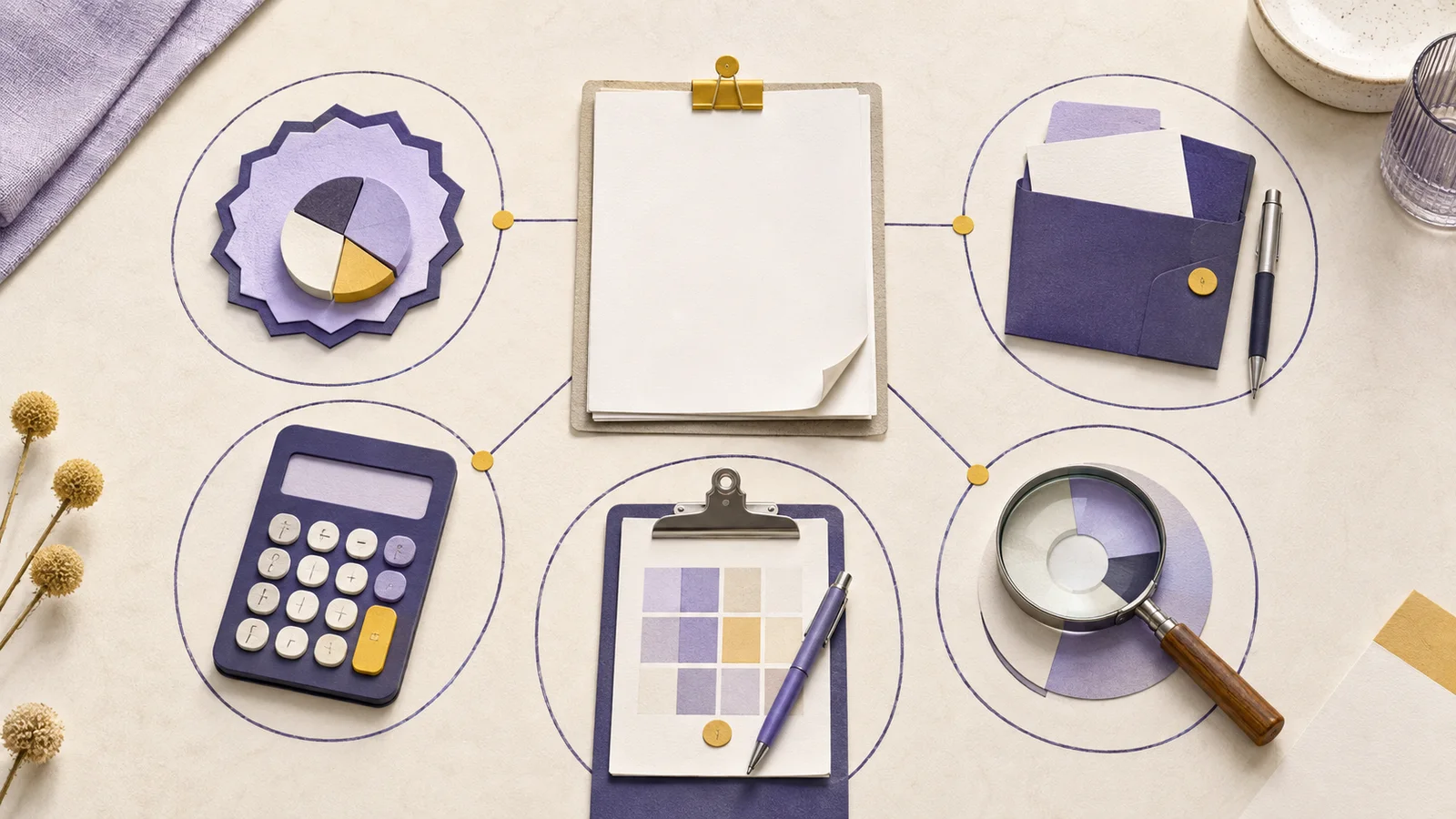 Budget, documents, calculation and property evidence arranged as a visual map for an Amsterdam purchase