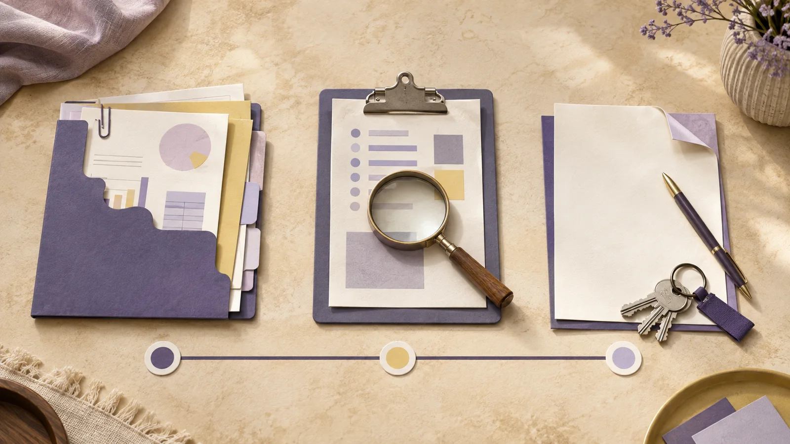 Amsterdam home-buying documents, property checks and handover arranged as a three-stage visual
